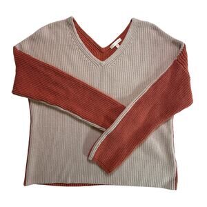 Lisa Todd Cotton Colorblock Sweater V-Neck Taupe Rust Knit Pullover Size M